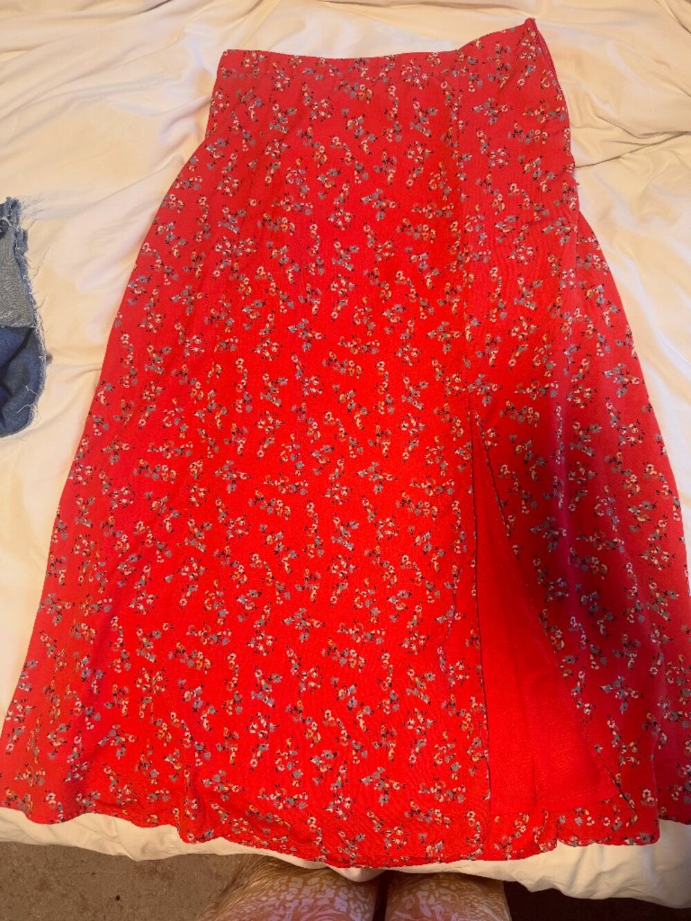 mid length red/floral skirt with slit